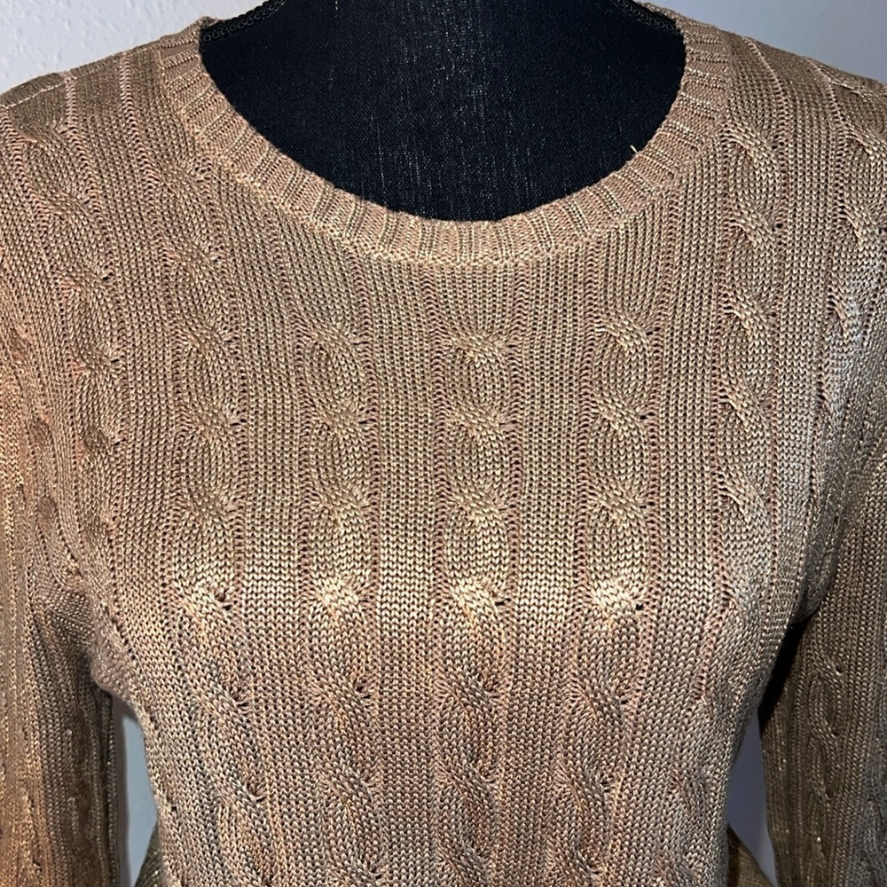Ralph Lauren Women’s Gold Metallic Cable Knit Cotton Blend Crewneck Sweater M - Picture 5 of 16